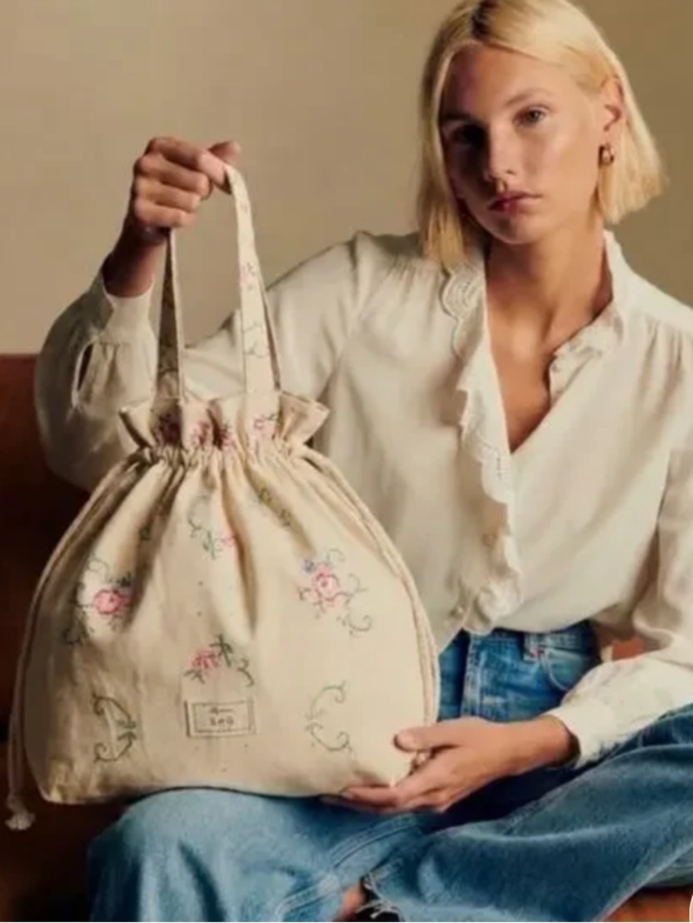 Sezane & Sea Totebag. Cream embroidery